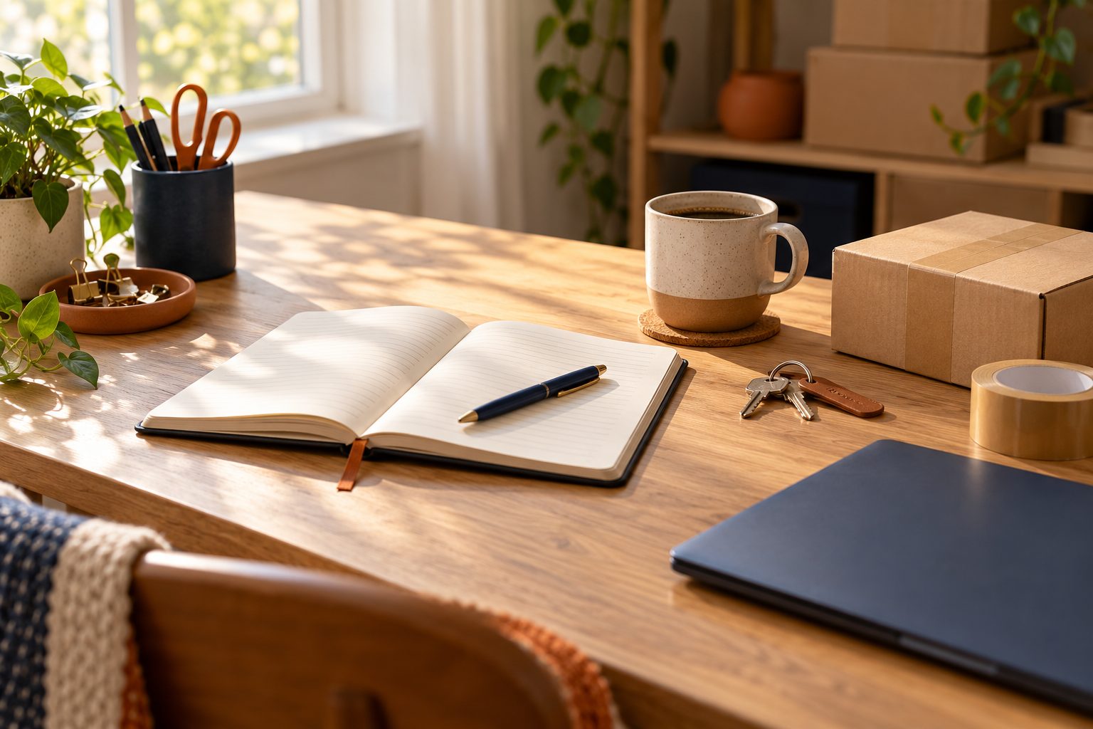 A tidy home desk with an open notebook and pen, a coffee mug, keys, packing tape and a small parcel
