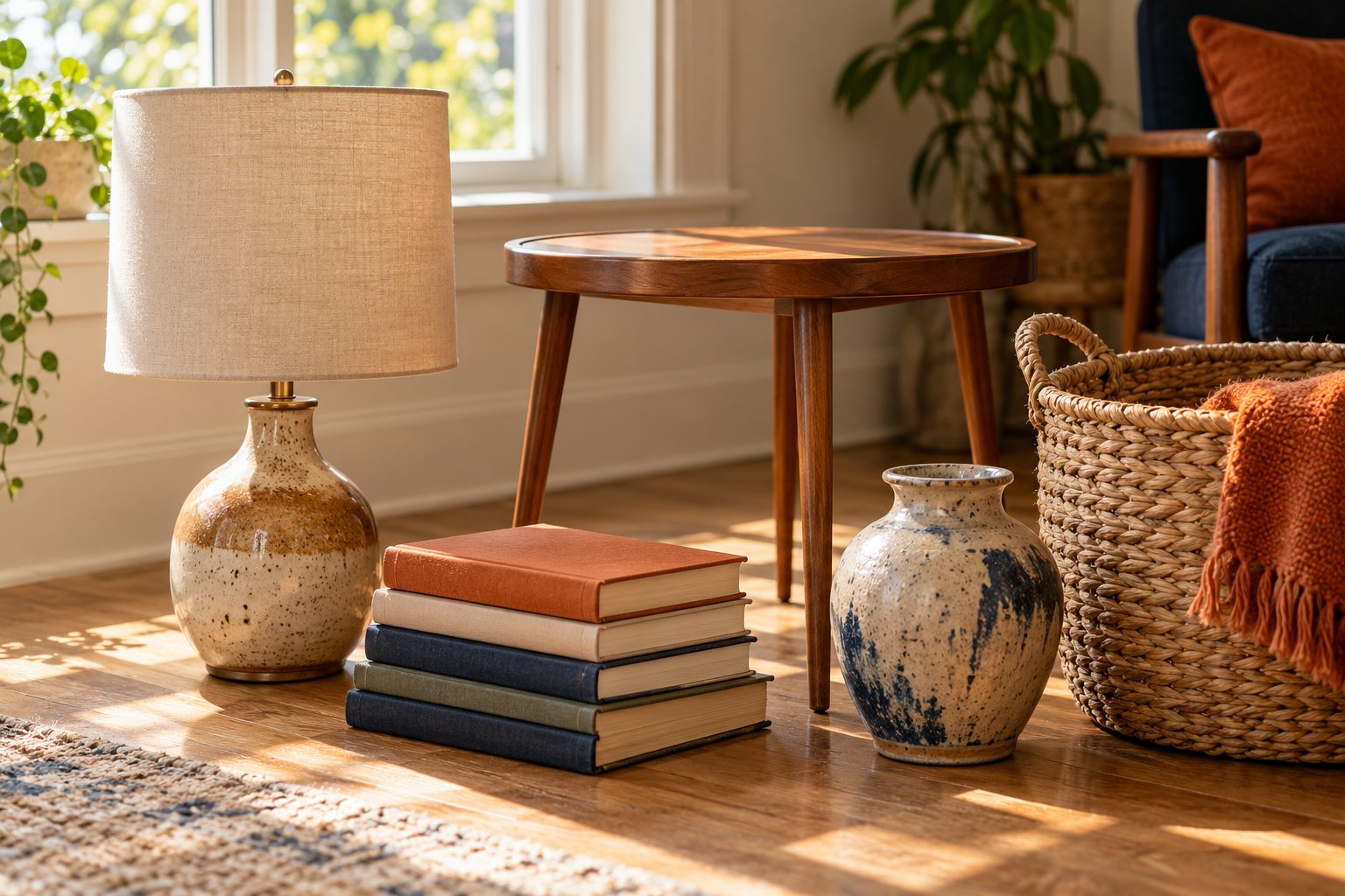 Pre-loved household items gathered on a sunny wooden floor: a ceramic table lamp, a wooden side table, a stack of books, a vase and a woven basket
