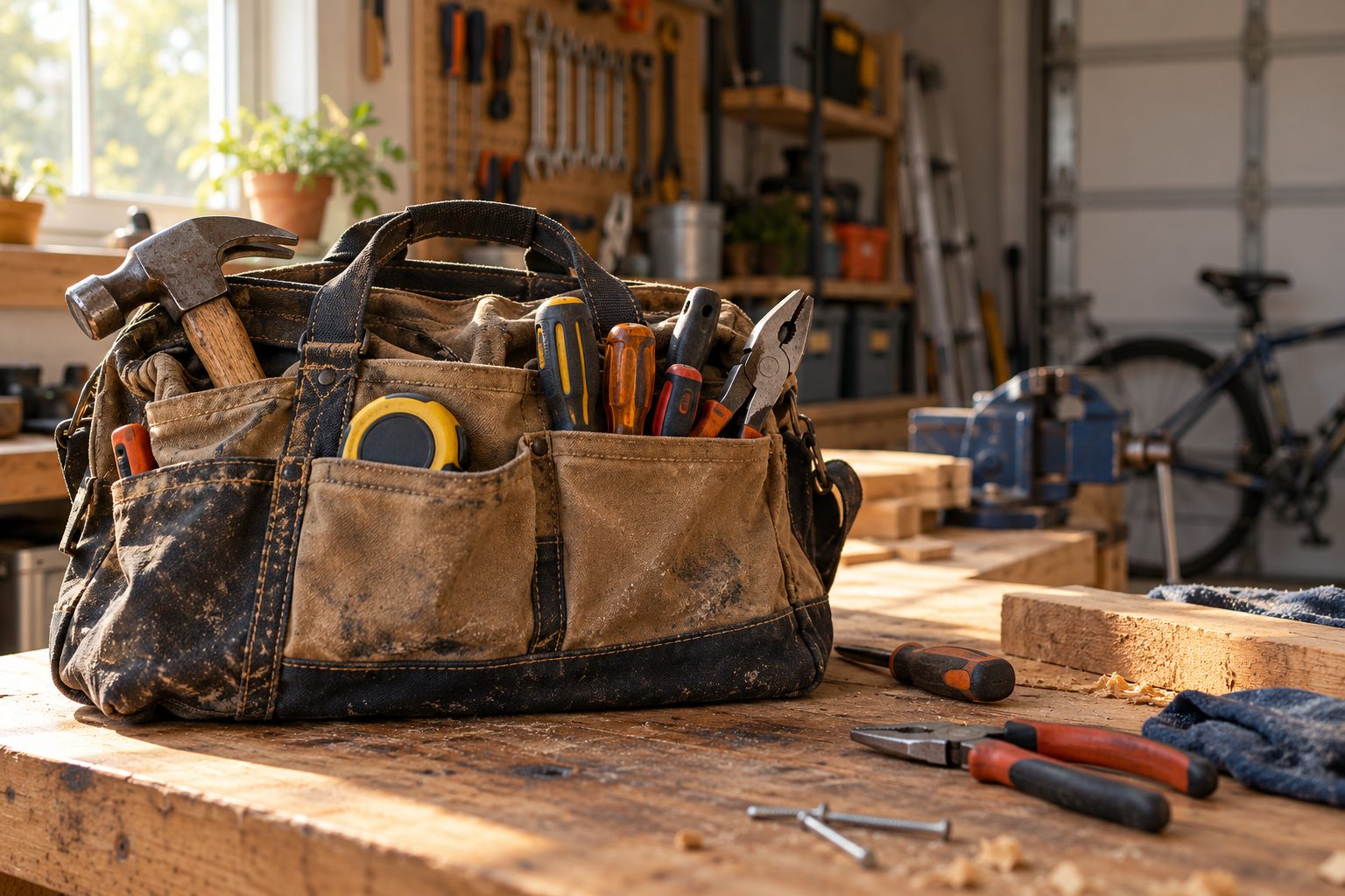 A worn canvas tool bag full of hand tools on a wooden workbench in a sunny garage