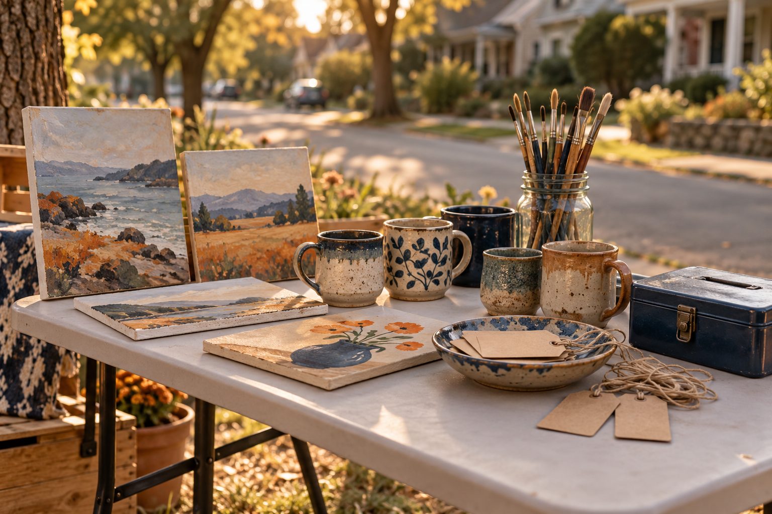 A folding table at a neighborhood sale with small paintings, handmade mugs, a jar of brushes and blank kraft tags