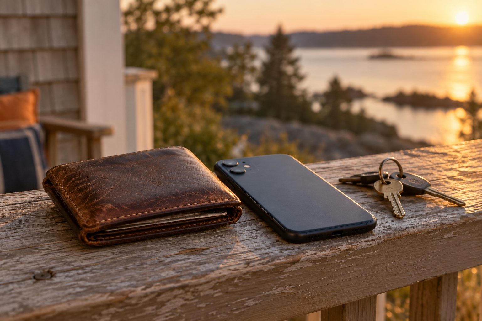 A leather wallet, a phone lying face-down and a set of keys on a wooden porch railing